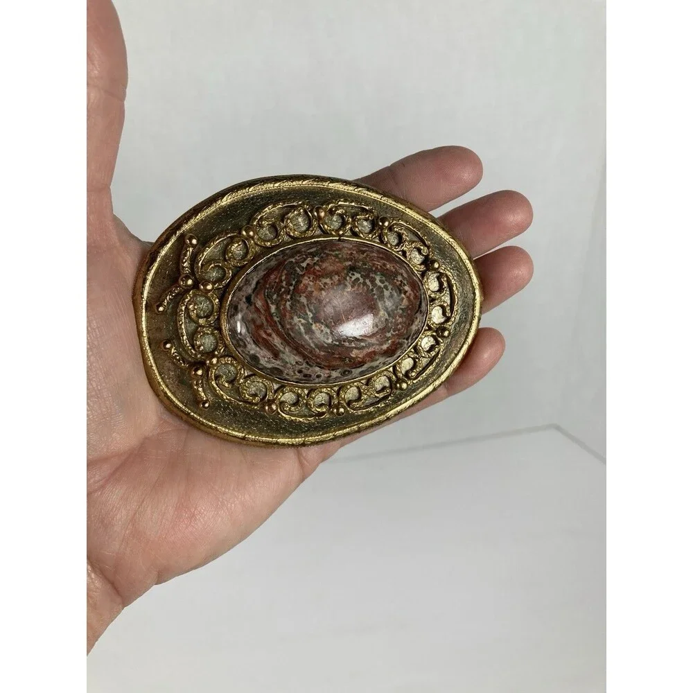 Antique Gold Ornate Belt Buckle Marble Stone Artisan Bohemian Gypsy Spanish